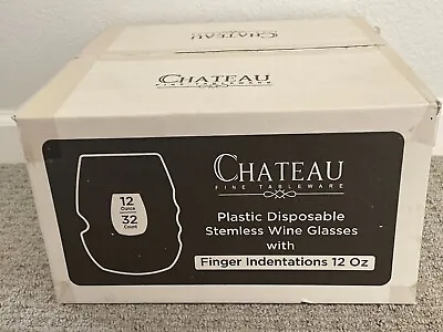 Chateau Clear Plastic 32 Stemless Wine Glasses 12 Oz. Finger Indentations New • $20