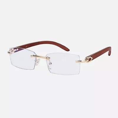 Men's Vintage Gold Frame Rimless Hip Hop Luxury Woodgrain Clear Lens Glasses • $14.99