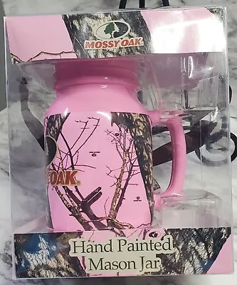 Mossy Oak Camo Hand Painted Mason Jar Mug  Pink Glass Handle 20oz New In Box. • $14