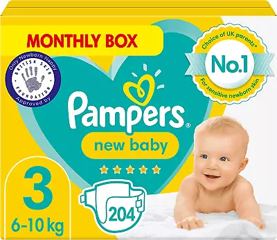 Pampers New Baby Nappies Size 3 (6-10 Kg / 13-22 Lbs) New Baby 204 Nappies • £39.99