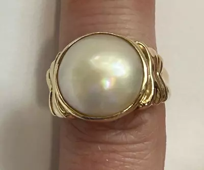 Stunning Solid 14K Yellow Gold 14mm Mabe Pearl Ring Sz 6.5 • $365.89