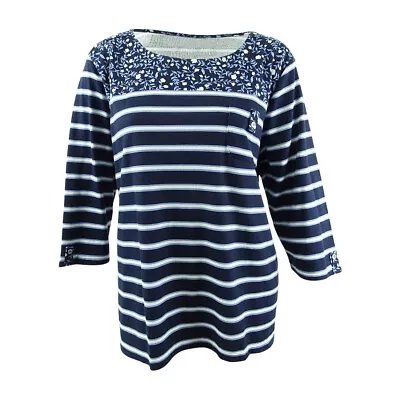 Karen Scott Womens Blue Floral Striped 3/4 Sleeve T-Shirt Top Plus Size 0X 1X 2X • $8.99