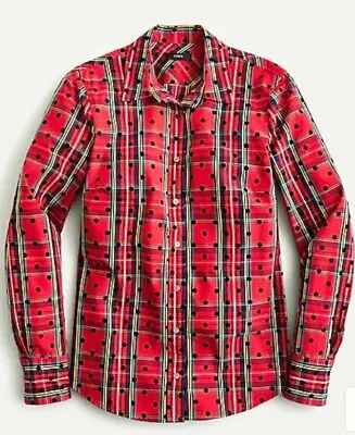 NWT J Crew Slim Perfect Shirt In Red Stewart Tartan Plaid With Velvet Dots Sz 00 • $19.99