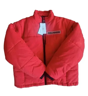 Mens Designer Religion Clothing Red Puffer Winter Jacket Uk M Rrp £199 # Varsity • £125