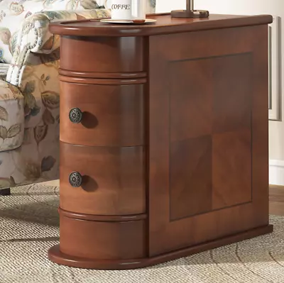 Vintage Style Side Sofa Accent End Table Brown Wood 2 Drawer Nightstand Dresser • $269.89