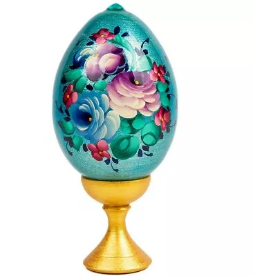 Zhostovo Wood Easter Egg On A Stand Floral Egg Decor Painted By Hand 4.7 Inch • $17.95