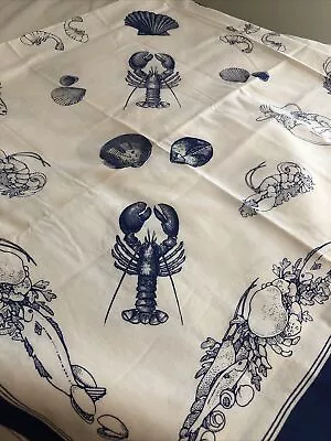 Vintage Style Nautical Blue & White Tablecloth W/ Lobster Shrimp Crab Fish • $59.99