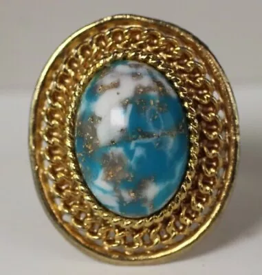 Vintage Faux Marble Stone Swirl Gold Tone Ring 8 To 8.25 Adjustable • $12.94