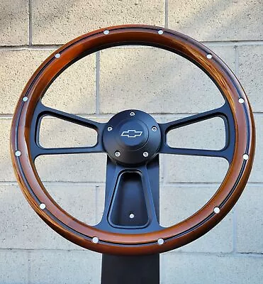 14  Black Billet Steering Wheel Real Wood Mahogany Aluminum Rivets Chevy Bowtie • $179.48