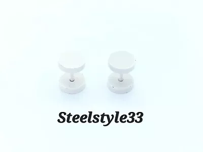 Pair Of 8mm Men's Unisex Fake Ear Plugs Stainless Steel Stud Body Piercing White • £3.99