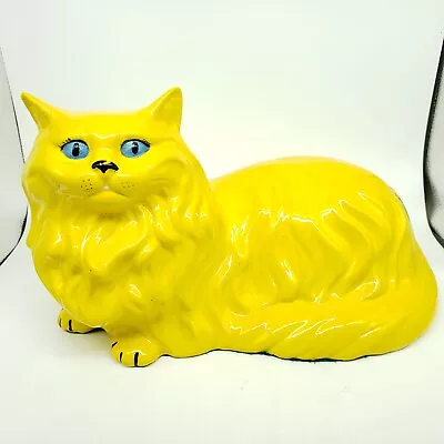 Vintage Large Laying Persian Cat Yellow Ceramic Mold Statue Blue Eyes  • $40