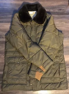 Vintage Walls  Mens XL Tall Olive Green Puffer Jacket Coat Faux Shearling Fur • $68