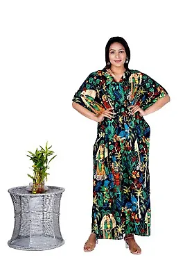 Indian Cotton Black Frida Kahlo Kaftan Night Maxi Dress Women Clothing Maxi Gown • $39.92