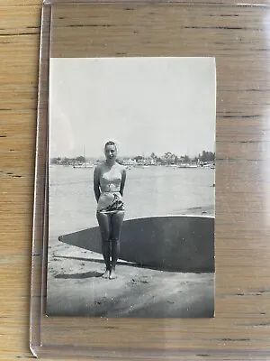 Antique B & W Photo Of Girl & Surfboard Longboard. • $4.95