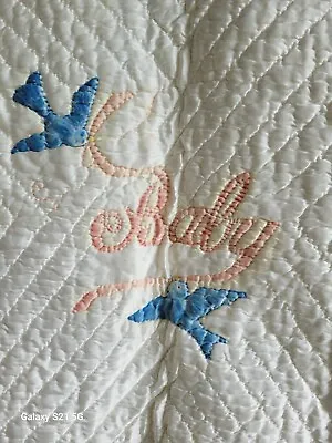 Vintage NurserySatin Silky Baby Blanket Embroidery Blue Birds  Baby  1960s 32x30 • $12.99