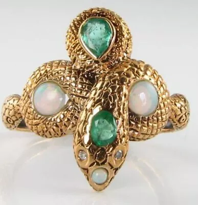 Long 9K 9CT GOLD COLOMBIAN EMERALD OPAL DIAMOND SNAKE ART DECO INS RING • £429