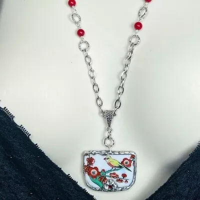 Antique Broken China Artisan Yellow Finch Cherry Blossom Necklace With Red Coral • $60