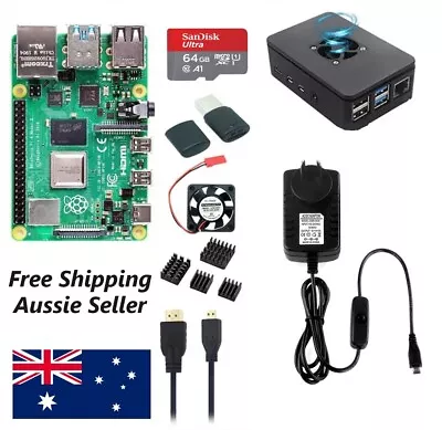 Raspberry Pi 4 Model B 4GB RAM Kit-Case Fan 64GB Micro-SD HDMI Power Cable • $195