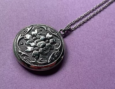 Vintage Sterling Silver Floral Flower Locket 24  Long Chain Estate Necklace • $49.95