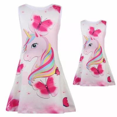 $0.99 • Buy Pink Kids Girls Dress Unicorn Sleeveless Party Dresses Clothes Size 100
