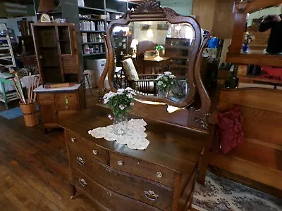 Antique Oak Dresser With Beveled Mirror & Ornate Carvings Cast Brass Hardware • $895