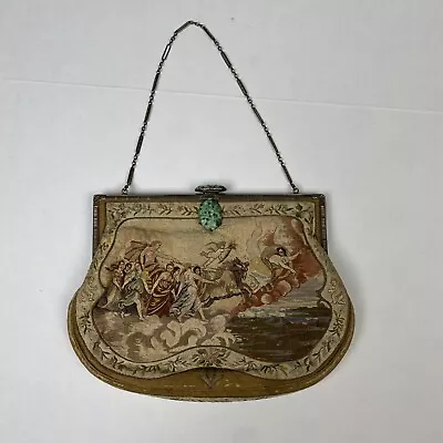 Vintage Needlework Purse Tapestry Sterling Silver Jade Petit Point Cherub Angel • $399.99