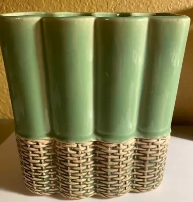 Vintage Retro McCoy Pottery Green Basket Weave Base Rectangle Planter Vase • $29.99