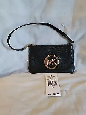 MICHAEL KORS Fulton Wristlet Purse Black Leather Big Golden Logo • $18.71