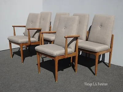 Set Of Six Mid Century Modern One Tuft Gray Dining Room Chairs • $1540