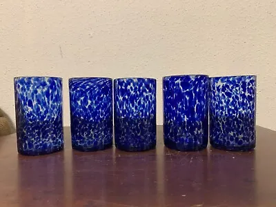 Mexican Handblown Glass Cobalt Blue Confetti Speckle 5.25  Tumbler Glasses 5 Set • $69.99