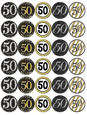 30x 50th Birthday Black And Gold Edible Wafer Paper Cupcake Toppers Fairy Cakes • £2.50