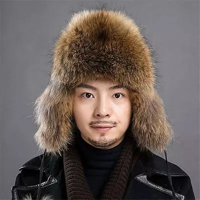 Men's Raccoon Fur Hat Thicken Winter Warm Cap Ear Warm Ushanka Fashion Outdoor • $40.35