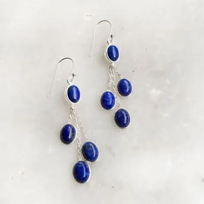 925 Sterling Silver Oval Shaped Lapis Lazuli Dangle Genuine Handmade Earrings • $12.23