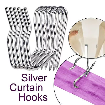 Metal Curtain Pin Hooks Pinch Pleat Silver Curtain Hooks - Packs 50/100pcs • £1.79