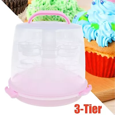 Plastic Cupcake Carrier Cake Muffin Storage Box With Handle Lid 3-Tier Lockable • £21