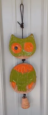 Vtg 1967 PACIFIC STONEWARE Art Pottery 14  Orange/Green OWL Hanging Wind Chime • $98