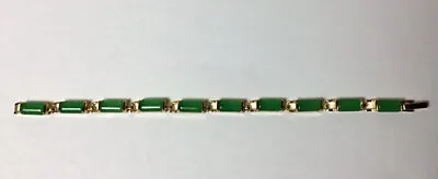 Vintage Green Jade Stone And Gold Tone Frame Link Bracelet 7” • $49.99