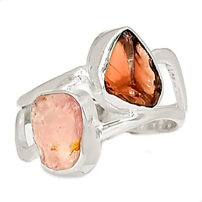 Natural Morganite Rough & Garnet 925 Sterling Silver Ring XA3 S.6 CR24059 • $15.99