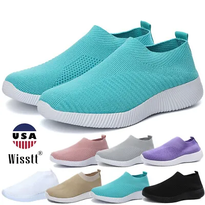 Womens Slip On Flat Fitness Walking Sock Shoes Sport Elastic Mesh Knit Sneakers • $15.75