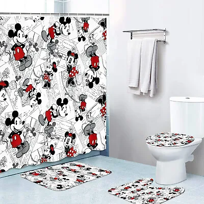 I Love Mickey Waterproof Shower Curtain Bath Rug Toilet Lid Cover Set • $21.56