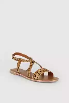 Oasis Leopard Skin Print Black Tan Beige Leather Flat Strappy Sandals Size 4 37 • £24.99