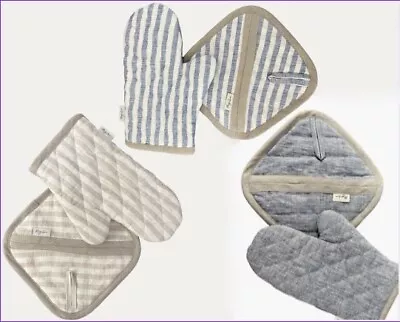 NEW Magic Linen Pot Holder & Oven Mitt Kitchen Gift Set Solid Blue Or Tan Stripe • £9.59