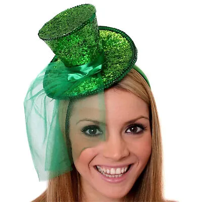 Green Mini Glitter Top Hat Headband Veil Ladies Burlesque Party Fancy Dress • £6.99