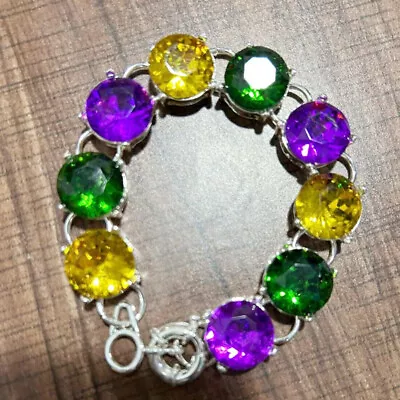 Mardi Gras Glass Stone Bracelet Purple Green Yellow Rhinestones Crystal Jewelry • $3.19