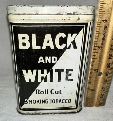 Antique Black And White Tin Litho Vertical Pocket Tobacco Can Country Store • $128.50