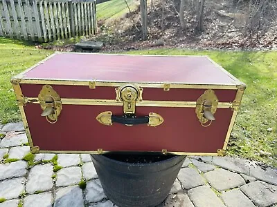 Old Vtg Steamer Trunk Storage Metal Trim Chest Red Tag Long Lock 30 X15 X13  • $99.95