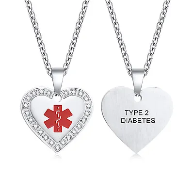 Men Women Medical Alert Necklace Pendant Crystal Heart TYPE 1/2 DIABETES  • $9.99