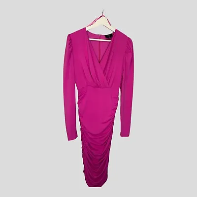 Ax Paris Bright Pink Dress Cross Over Front Ruched Long Sleeved Size 10.  • £15.95