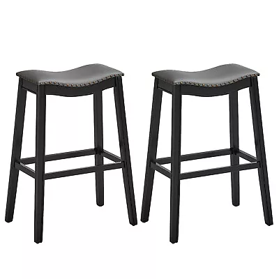 Set Of 2 Saddle Bar Stools Bar Height Kitchen Chairs W/ Rubber Wood Legs Black • $102.99