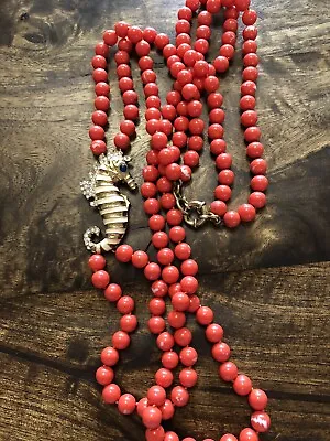 Vintage J. Crew Jeweled Enamel Seahorse Necklace With Coral Glass Beads Damaged • $12